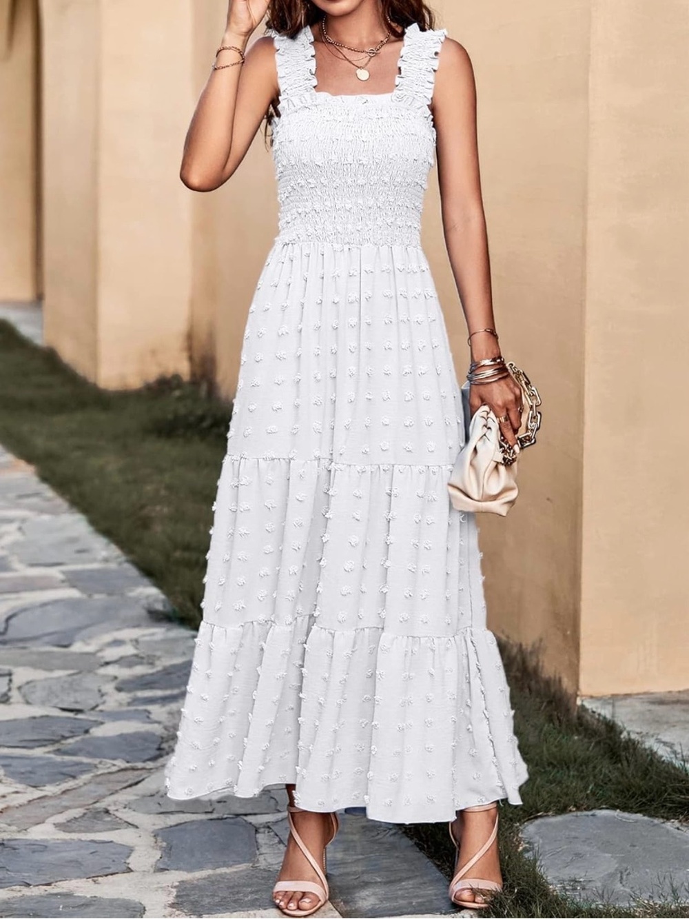 White Smocked Maxi Dress with Swiss Dot Detail